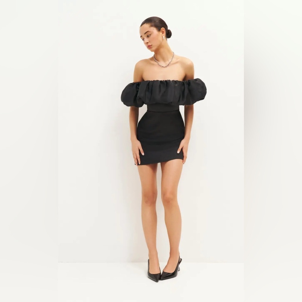 REFORMATION Alber Black Satin Off The Shoulder Mini Cocktail Dress M - Picture 9 of 11
